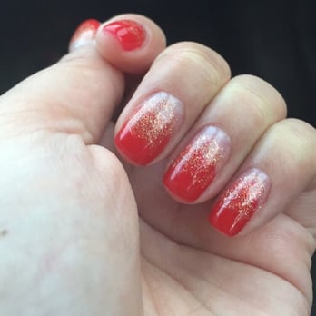 California Nails - Done up by Tim!  Gel ombré with red and gold. $52 for full gel mani and regular pedi (these are my real nails) - Nail Salons Near Me - Concord, California