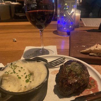 Haywire - Roasted Garlic Filet with whipped potatoes and a glass of Joshua Cab - New American Near Me - Dallas, Texas