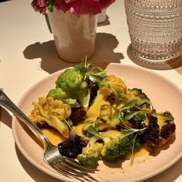 Roasted Cauliflower, Turmeric Sauce, Dates, Taggiasca Olives