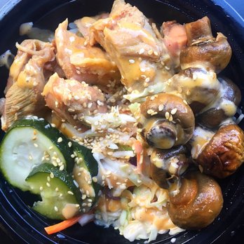 Incredibowls - Craveabowl (brined & roasted chicken thigh, soy ginger sauce, pickled cucumber, kalbi sesame slaw) with half of soy butter mushrooms. Yummy! - Food Trucks Near Me
