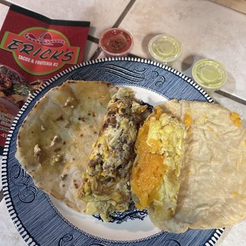 Erick's Tacos y Fruteria - Good portions. (Chorizo and Egg in left, Potato Egg and cheese on corn on right) - Mexican Near Me - Cibolo, Texas Erick's Tacos y Fruteria - Good portions. (Chorizo and Egg in left, Potato Egg and cheese on corn on right) - Mexican Near Me - Cibolo, Texas