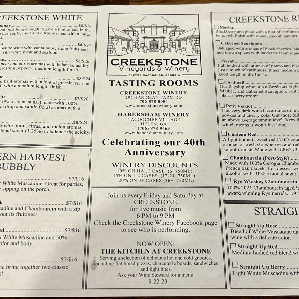 Creekstone Winery - Wine selection list part 2 - Wine Tasting Room Near Me - Sautee Nacoochee, Georgia Creekstone Winery - Wine selection list part 2 - Wine Tasting Room Near Me - Sautee Nacoochee, Georgia