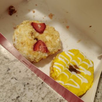 Amy's Donuts - Strawberry Cheesecake & Lemon Frosted.  There were four other donuts in here, people!   Strawberry Shortcake and the Maple Turtle. - Donuts Near Me - Albuquerque, New Mexico