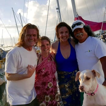 Oahu Catamarans - Left to right: Milan, Tina (Seattle, WA.), Rhiannon (San Diego, CA.), Crash (captain) and Sushi! - Boat Charters Near Me - Honolulu, Hawaii