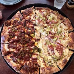 - Half & Half Specialty Pizza - Wild bills brisket pizza (left) White chicken delight (right) - Half & Half Specialty Pizza - Wild bills brisket pizza (left) White chicken delight (right)