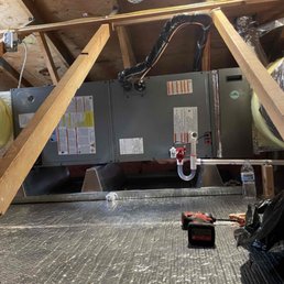 My new electric heat pump system in attic. Note the huge easily accessible platform that Air Sharks installed for the heater. My new electric heat pump system in attic. Note the huge easily accessible platform that Air Sharks installed for the heater.