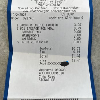 Whataburger - Our receipt - Burgers Near Me - Tucson, Arizona Whataburger - Our receipt - Burgers Near Me - Tucson, Arizona