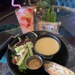 Greek salad and pear parsnip curry soup. Strawberry lemonade and a brown butter sea salt marshmallow for dessert