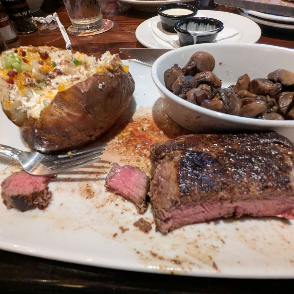 Loaded potato, medium rare filet, sauteed mushrooms. 9 ounce Flo's Filet . Loaded potato, medium rare filet, sauteed mushrooms. 9 ounce Flo's Filet .
