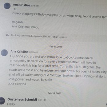 Gastehaus Schmidt Reservation Service - Email asking to reschedule and confirmation they would allow us to reschedule - Bed & Breakfast Near Me - Fredericksburg, Texas