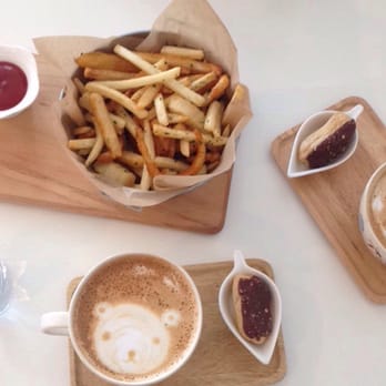 Cafe Maji - Potato fries, and 2 almond roca lattes. Everything is adorable! - Coffee & Tea Near Me - Artesia, California