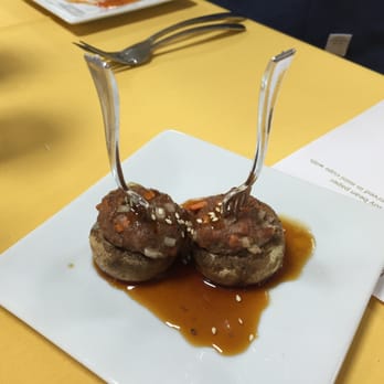 Greenfish Catering - Stuffed mushrooms with ground chicken, note cute tiny plastic forks, perfect for passed hors d'oeuvres - Caterers Near Me - Santa Clara, California Greenfish Catering - Stuffed mushrooms with ground chicken, note cute tiny plastic forks, perfect for passed hors d'oeuvres - Caterers Near Me - Santa Clara, California