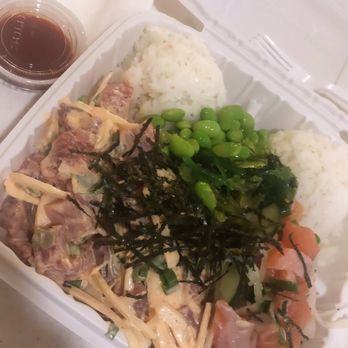 Poke & Box - Large poke bowl with ahi and salmon with spicy mayo and added edamame. Seaweed salad and furikake - Poke Near Me - Honolulu, Hawaii Poke & Box - Large poke bowl with ahi and salmon with spicy mayo and added edamame. Seaweed salad and furikake - Poke Near Me - Honolulu, Hawaii