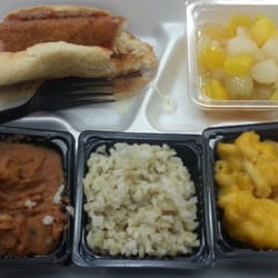 Townview Magnet HS : DISD LUNCH Not bad for $3: Fish Stix on wheat bun; beans; lime rice; mac n cheese; but, canned fruit :-(