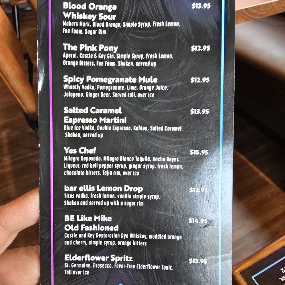 Bar Ellis - Cocktail menu. These are their signature cocktails. - Noodles Near Me - Noblesville, Indiana