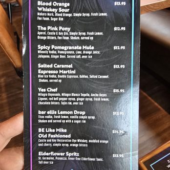 Bar Ellis - Cocktail menu. These are their signature cocktails. - Noodles Near Me - Noblesville, Indiana