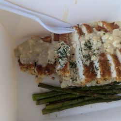 Milwaukie Station Food Cart Pod - Almond Crusted Chicken Breast with Mashed Potatoes and Asparagus - PERFECTION