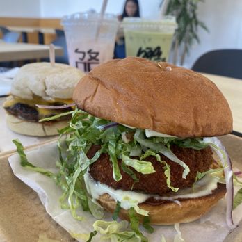 Bopomofo Cafe - Walnut shrimp burger and Taiwanese Breakfast sandwich (it was ok) - Bubble Tea Near Me - San Gabriel, California