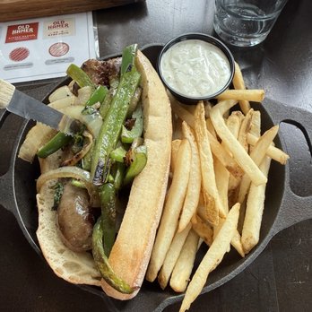 The Mash House - Sweet sausage sandwich with grilled peppers and onions - American Near Me - Westfield, Indiana The Mash House - Sweet sausage sandwich with grilled peppers and onions - American Near Me - Westfield, Indiana