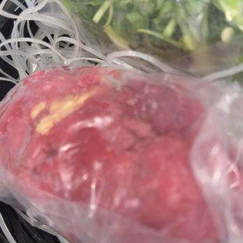 Pho Thin Hanoi - Pho to go, uncooked noodles at the bottom, meat and onuons in plastic bag. - Vietnamese Near Me - San Leandro, California