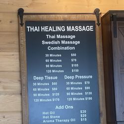 Thai Healing Massage - Menu Prices