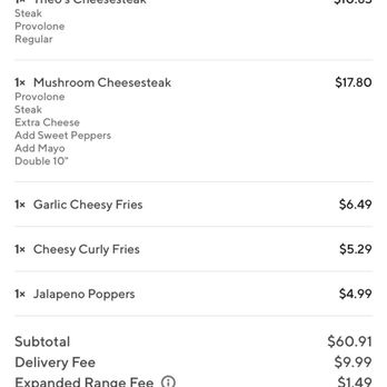 Theo's CheeseSteak Shop - Extra cheese can clearly be seen on this receipt which we paid extra for. - Cheesesteaks Near Me - San Leandro, California