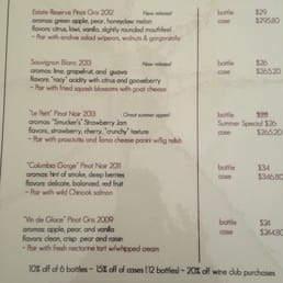 Wine tasting menu at Phelps Creek Vineyard