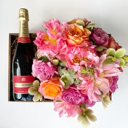 Alaric Flower Design - Piper Champagne and seasonal flowers (featuring coral peonies) in a gift box