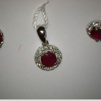 Prospector's Pouch - ruby and diamond pendant and matching earrings set in white gold. - Jewelry Near Me - Kennesaw, Georgia Prospector's Pouch - ruby and diamond pendant and matching earrings set in white gold. - Jewelry Near Me - Kennesaw, Georgia