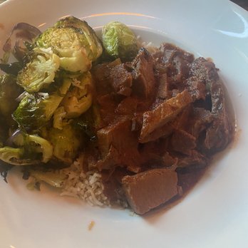 Bushfire Kitchen - La Costa - The Braised Grass-Fed Brisket Bowl (gf) side of basmati white rice and Brussels Sprouts (gf) (ve) - American Near Me - Carlsbad, California Bushfire Kitchen - La Costa - The Braised Grass-Fed Brisket Bowl (gf) side of basmati white rice and Brussels Sprouts (gf) (ve) - American Near Me - Carlsbad, California