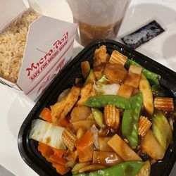 YP Hello - Buddha's Feast with fried rice. Hot and sour soup in the back.