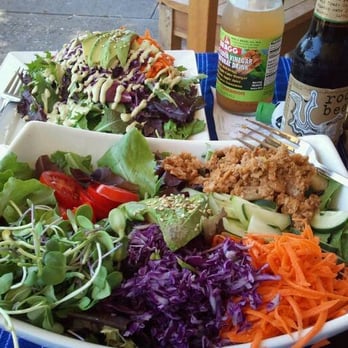 Shine Cafe - Tempeh salad in the foreground and the black bean tacos, which was more like a taco salad! - Vegan Near Me - Morro Bay, California