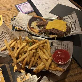 Vigilante Gaming Bar - Vigilante burger with french fries - Bars Near Me - Austin, Texas Vigilante Gaming Bar - Vigilante burger with french fries - Bars Near Me - Austin, Texas