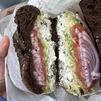 Bagel Pub - Pumpernickel everything toasted with tofu scallion cream cheese, lettuce, tomato, and onion - Bagels Near Me - New York, New York Bagel Pub - Pumpernickel everything toasted with tofu scallion cream cheese, lettuce, tomato, and onion - Bagels Near Me - New York, New York