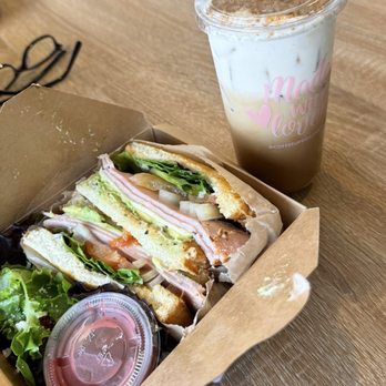 Coffee Up Roastery - Turkey Avocado Club Sandwich and biscoff iced latte - Coffee & Tea Near Me - Fullerton, California