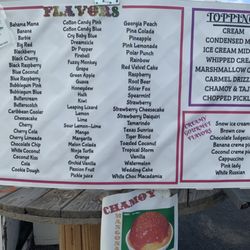 Texas Snow Store Shaved Ice - Current menu of over 75  flavors . And endless combinations.