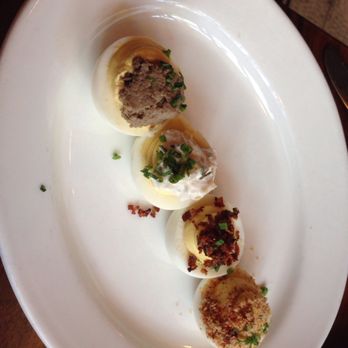Clover Club - Devil eggs  (Topped with crispy bacon croutons, smoked paprika, garlic bread, and house smoked trout mushrooms. One of each.) - Lounges Near Me - Brooklyn, New York