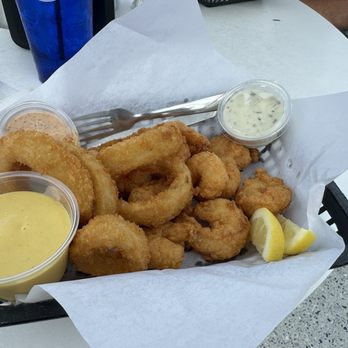 The Beach Bucket - Fried shrimp and onion rings basket with tartar sauce and honey mustard sauce - Breakfast & Brunch Near Me - Ormond Beach, Florida