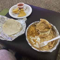 Pollo Asada: chicken, refried beans, Mexican rice. Three flour tortillas and fresh salsa with chips Pollo Asada: chicken, refried beans, Mexican rice. Three flour tortillas and fresh salsa with chips