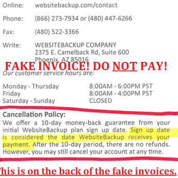 Website Backup - This is on the back of the WebsiteBackup fake invoice. - Data Recovery Near Me - Phoenix, Arizona
