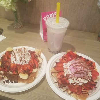 TNL Boba Tea - Strawberry banana nutella crepe and strawberry nutella crepe with strawberry ice cream and Taro milk tea with boba so delicious - Bubble Tea Near Me - Oceanside, California