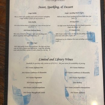 Cougar Vineyard & Winery - Wine Menu 3/25/2022 - Wineries Near Me - Temecula, California