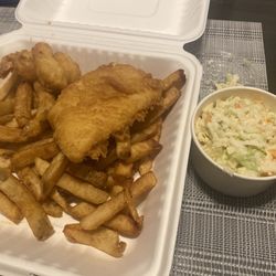 Jojo's Fish & Chips Bana Restaurant - Halibut Special (big juicy fried halibut, 2 fried prawns, home made fries and coleslaw