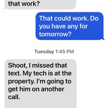 Great Park Plumbing - Text between owner & I, not an agreed to appt time. - Plumbing Near Me Great Park Plumbing - Text between owner & I, not an agreed to appt time. - Plumbing Near Me