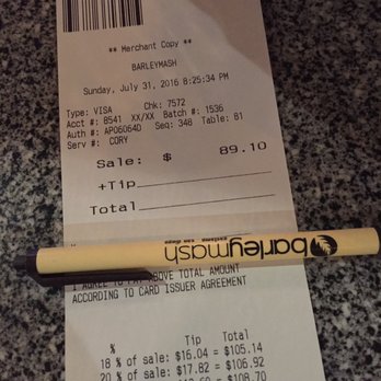 Barleymash - Where's 15%?  And they are figuring tip on the post sales tax amount instead of the pre tax amount. Bah. - Sports Bars Near Me - San Diego, California