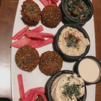 Byblos - Vegetarian Platter (Falafel, Babaghanoush, Hummus, and Grape Leaves). - Mediterranean Near Me - Tampa, Florida Byblos - Vegetarian Platter (Falafel, Babaghanoush, Hummus, and Grape Leaves). - Mediterranean Near Me - Tampa, Florida