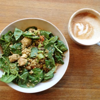 Flour Bakery + Cafe - latte with a tofu/quinoa salad - Coffee & Tea Near Me - Cambridge, Massachusetts