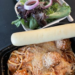 Pasta Lab Italian Cuisine - Spaghetti and meatballs for lunch with a small salad and breadstick