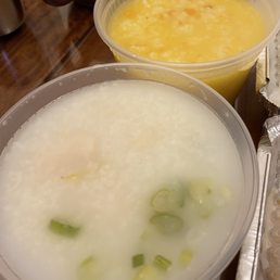 Fish congee (front) and pumpkin congee (back) $3.25 each