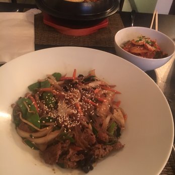 Fuchai - Dolsot bibimbap (up), kimchee (center), and beef jachae (down). - Korean Near Me - Miami, Florida